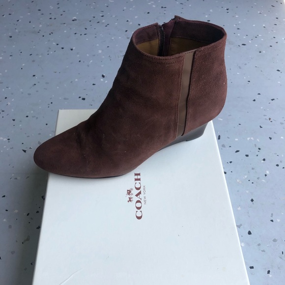 Brown suede Coach bootie with side zip - Picture 1 of 4